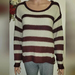 Quinn Striped Knit Sweater Burgundy Cream Cozy L